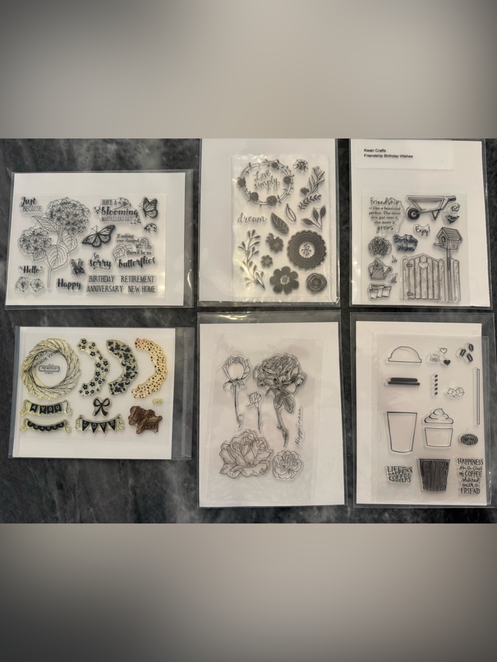 Bundle of 6 Clear Floral and Themed Stamp Sets for Cardmaking. Mostly unused.